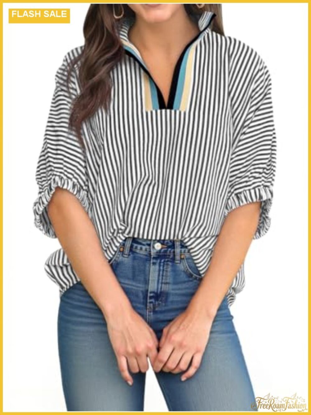 Womens V Neck Striped Dolman Puff Sleeve Summer Blouse Top